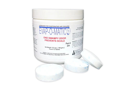 EVAP-O-MATIC Tablets next to a clean evaporative cooler, showcasing their ability to remove dirt, grime, and odors for improved cooling efficiency.